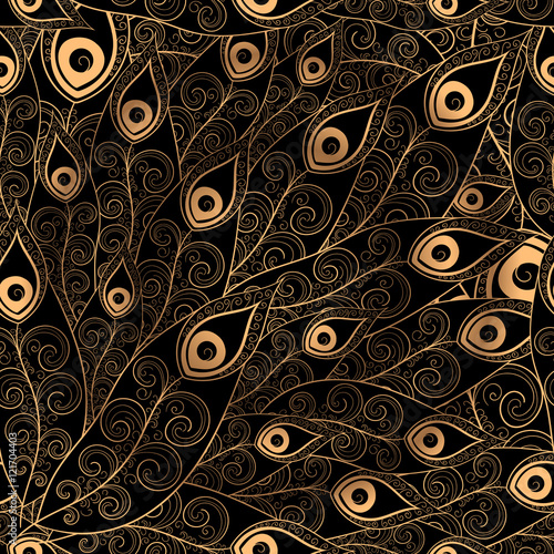 Fototapeta Gold black feathers pattern seamless. Golden peacock feather vector print for design invitation, card, wallpaper or fabric.