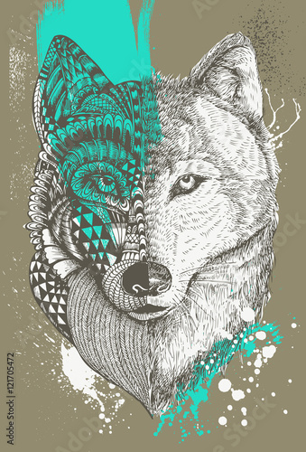 Zentangle stylized wolf with paint splatters, Hand drawn illustration