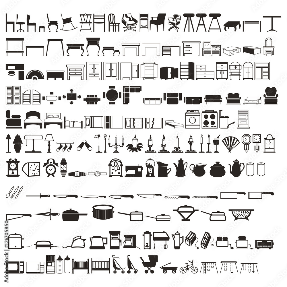 Set of 2 Hundreds Household (Tables, Beds, kitchenware, etc.) Silhouettes. Beautiful Vector in High Resolution.