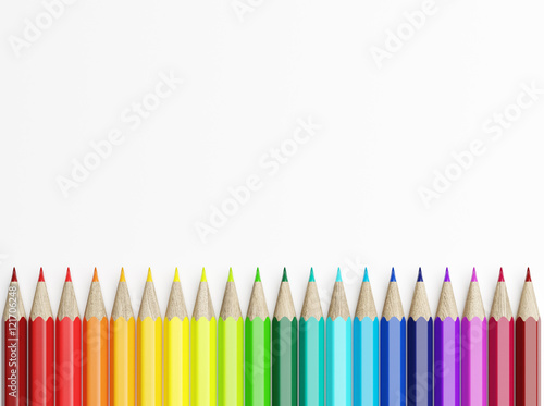 Line of colored pencils over white background. Top view. 3d rendering