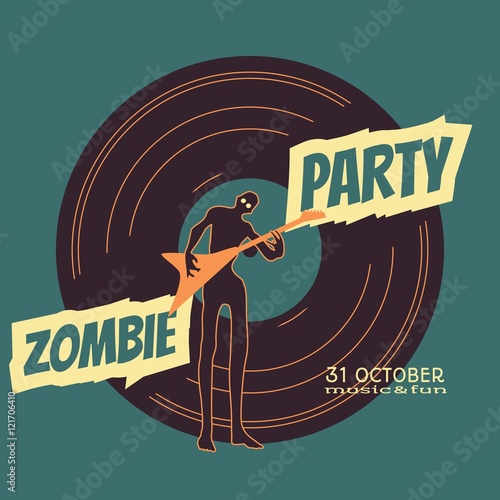 Zombie party text and silhouette on vynil record backdrop. Undead man play on guitar. Halloween theme background