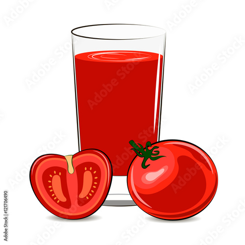 Fresh tomato and glass with juice.