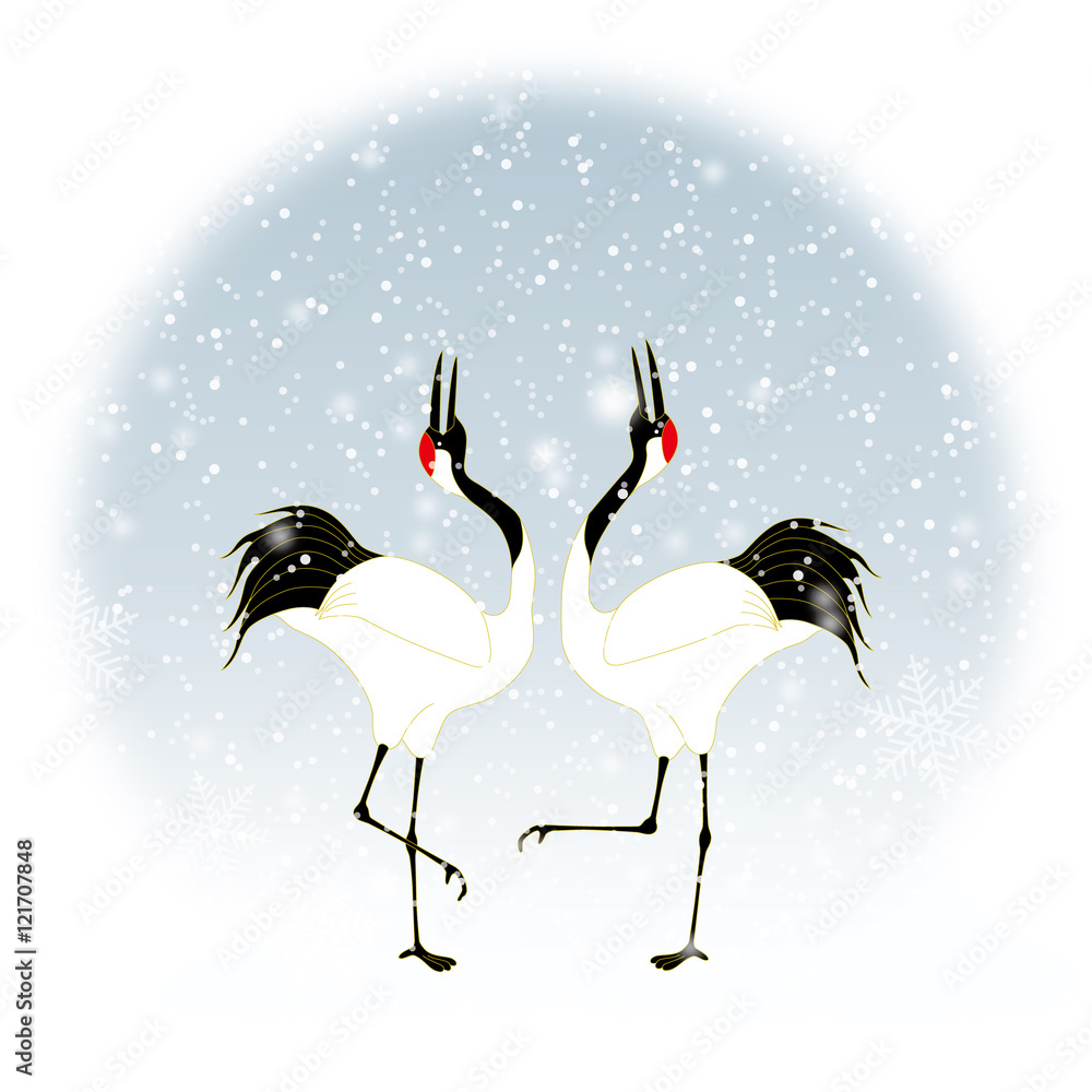 雪の中で求愛ダンスをするタンチョウ鶴のカップル Stock Vector Adobe Stock