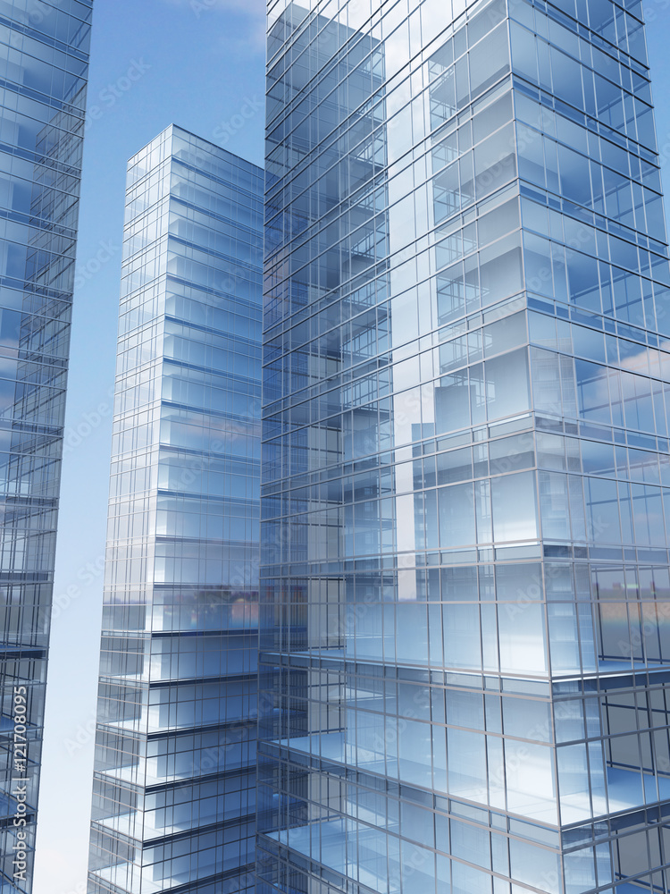 Modern shiny business skyscrapers, made of glass and steel . Concepts of business, success, economics. 3d rendering Modern shiny business skyscrapers, made of glass and steel . Concepts of business, success, economics. 3d rendering
