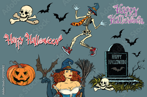 Happy Halloween a collection of characters. Stickers skeleton, g