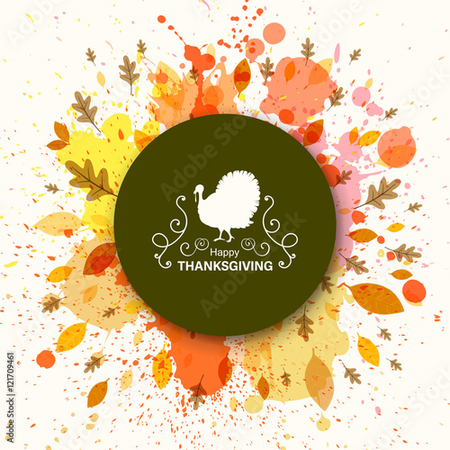 Vector Illustration of an Ornamental Thanksgiving Background Design with Autumnal Leaves and Watercolor Splashes