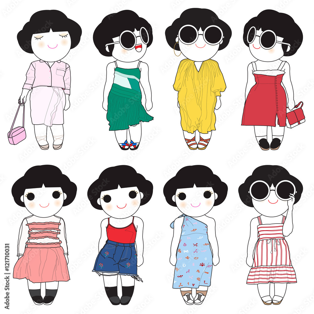 Trying On Spring Outfit Character illustration set Trying On Spring Outfit Character illustration set