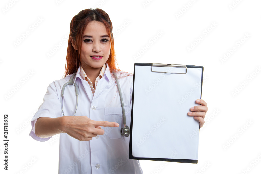Young Asian female doctor point to a blank clipboard. Young Asian female doctor point to a blank clipboard.