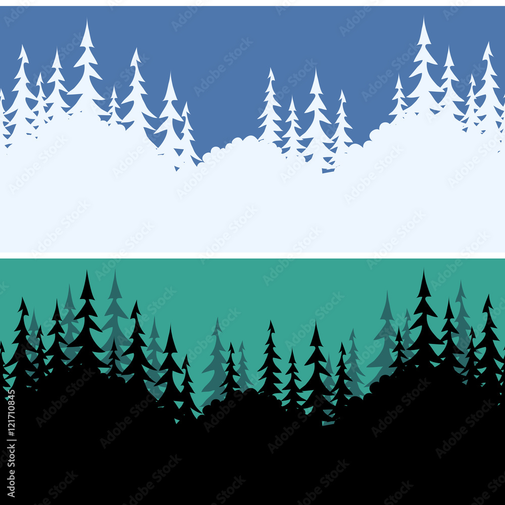 Obraz premium Set Seamless Horizontal Backgrounds, Landscapes, Fir Trees Silhouettes, Winter White on Blue Sky for Christmas Holiday and Summer Night Black on Green. Vector