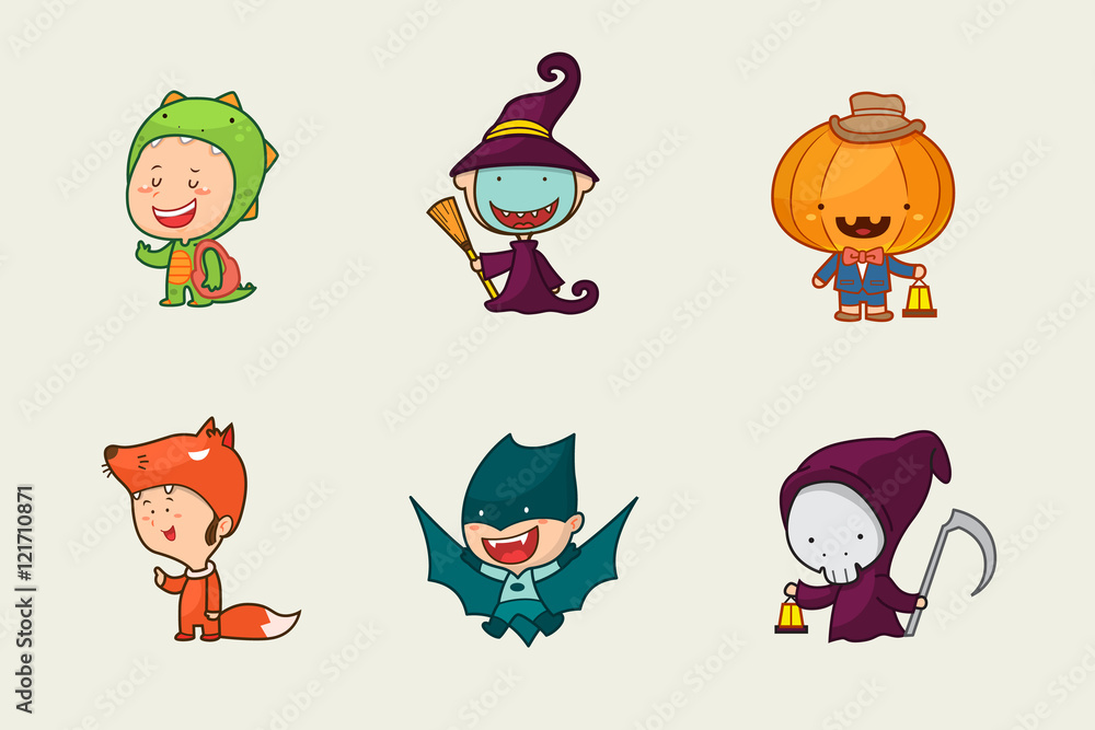 Kids in Halloween costume, Cute character design, Vector illustration.