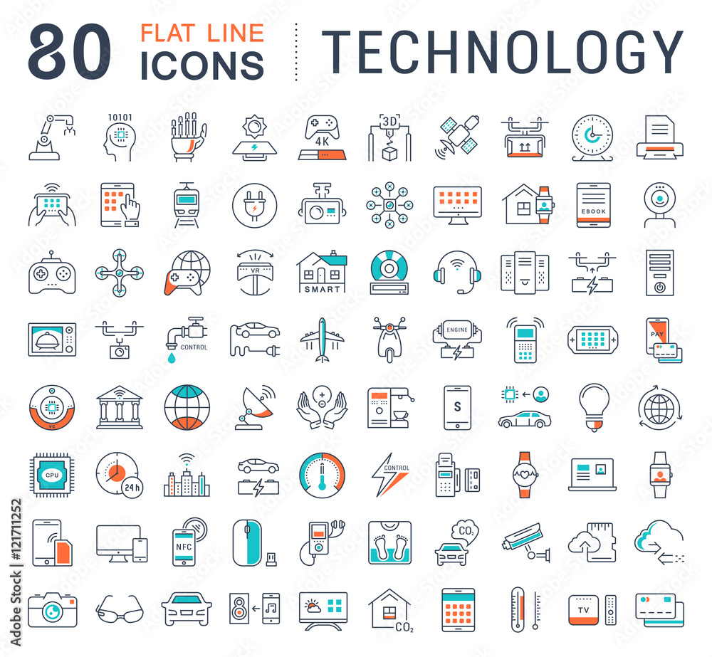Set Vector Flat Line Icons Technology