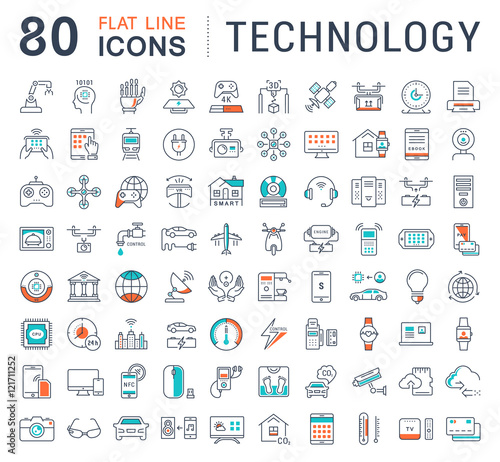 Set Vector Flat Line Icons Technology