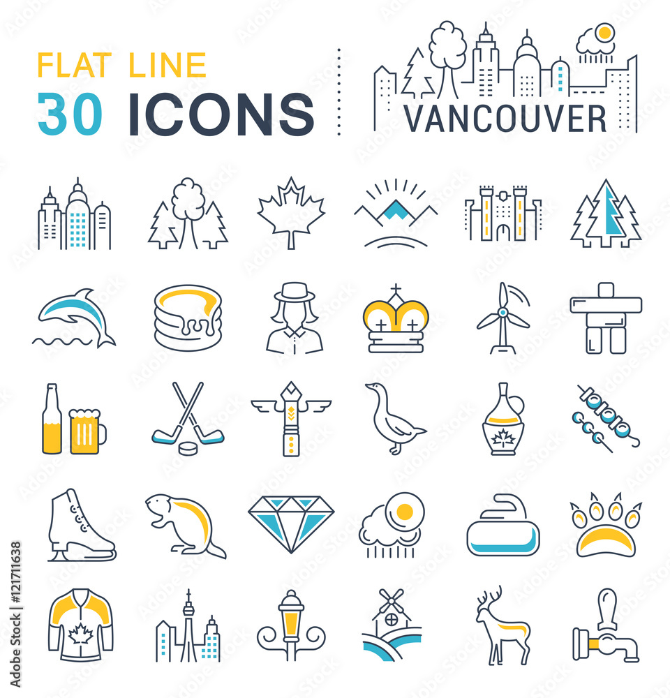 Fototapeta premium Set Vector Flat Line Icons Vancouver and Canada