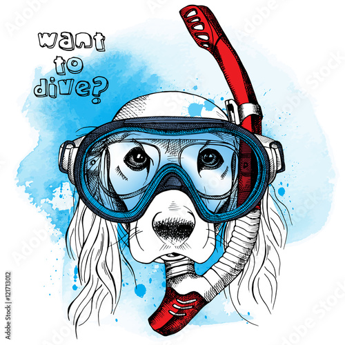 Portrait of a dog in blue diving mask with red tube. Vector illustration.