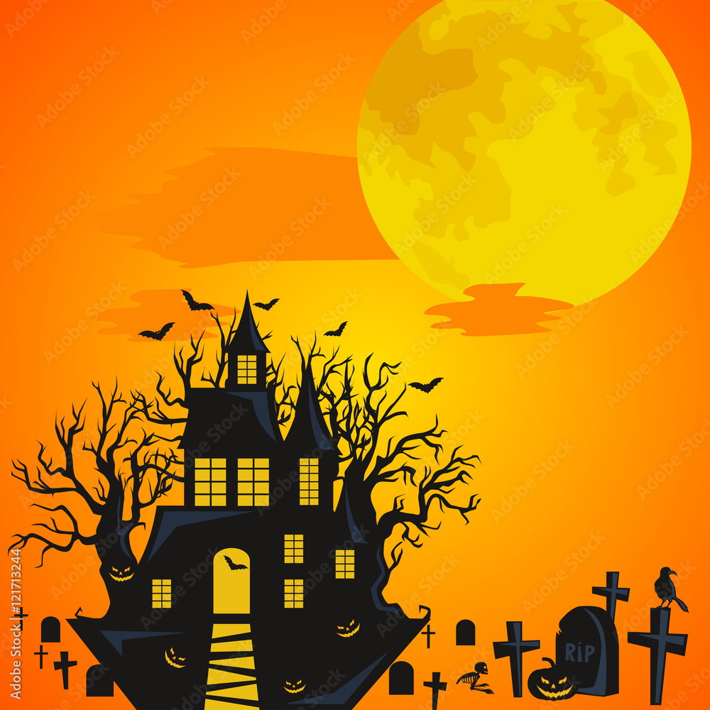 Halloween background. Horror forest with woods, spooky tree, pumpkins and cemetery.