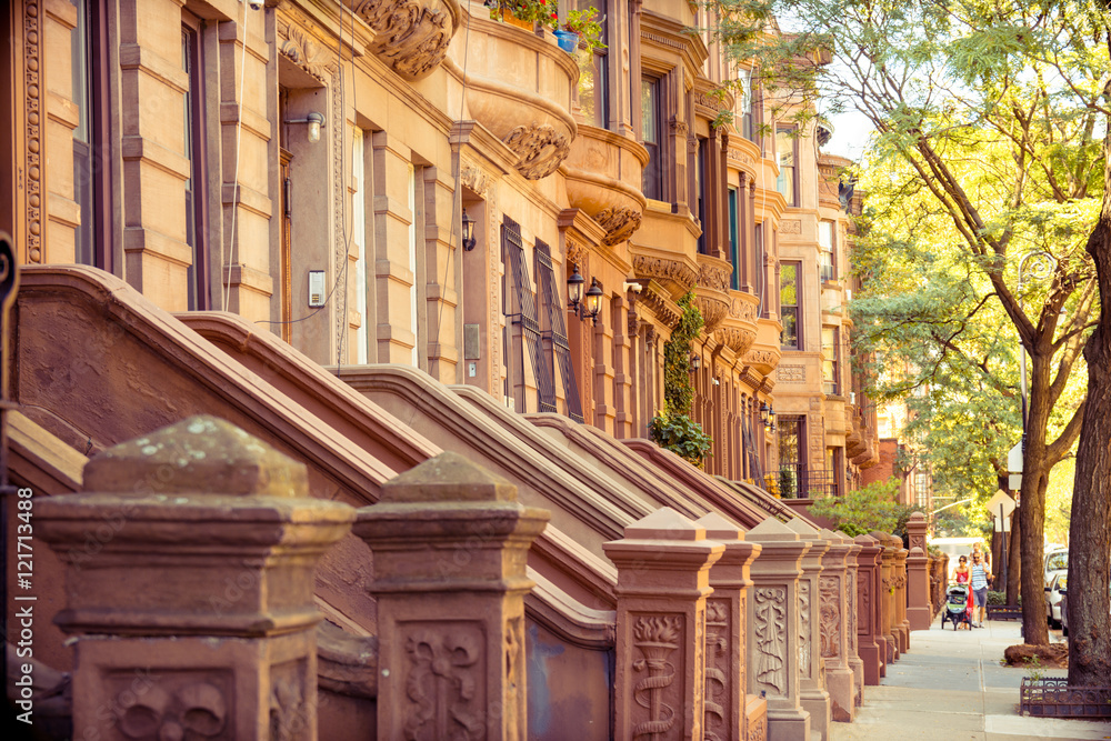 traditional brownstone lined home at harlem, new york