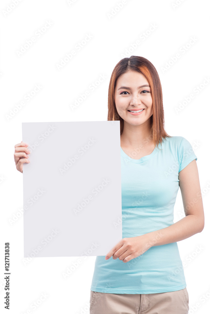 Sign board. Young asian woman holding big white card isolated on Sign board. Young asian woman holding big white card isolated on