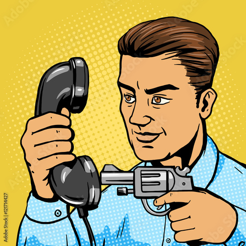 Man aim gun to handset pop art vector illustration