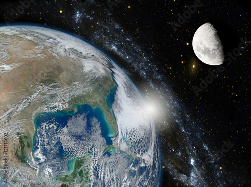 Fototapeta Naklejka Na Ścianę i Meble -  Earth, the galaxy and the moon. Elements of this image furnished by NASA.