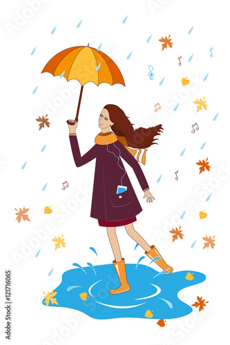 Pretty girl listening to music with an umbrella. Happy woman