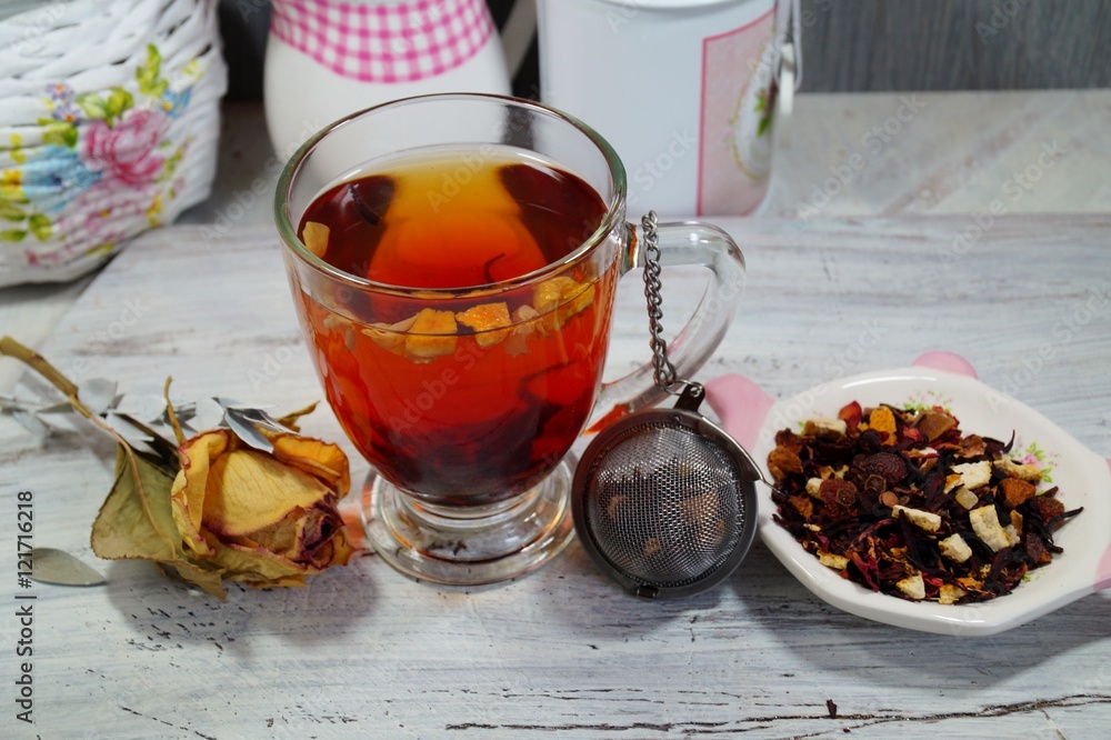 hot tea with fruit and rose petals and honey - an alternative to antibiotics - selective focus
hot tea with fruit and rose petals and honey - an alternative to antibiotics - selective focus