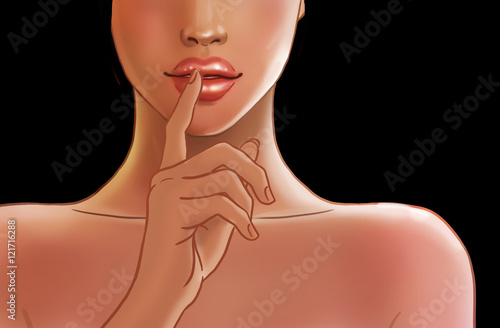 Beautiful African American woman with bare shoulders making a shushing gesture holding her index finger to her lips as she asks for silence or secrecy for a surprise illustration isolated 