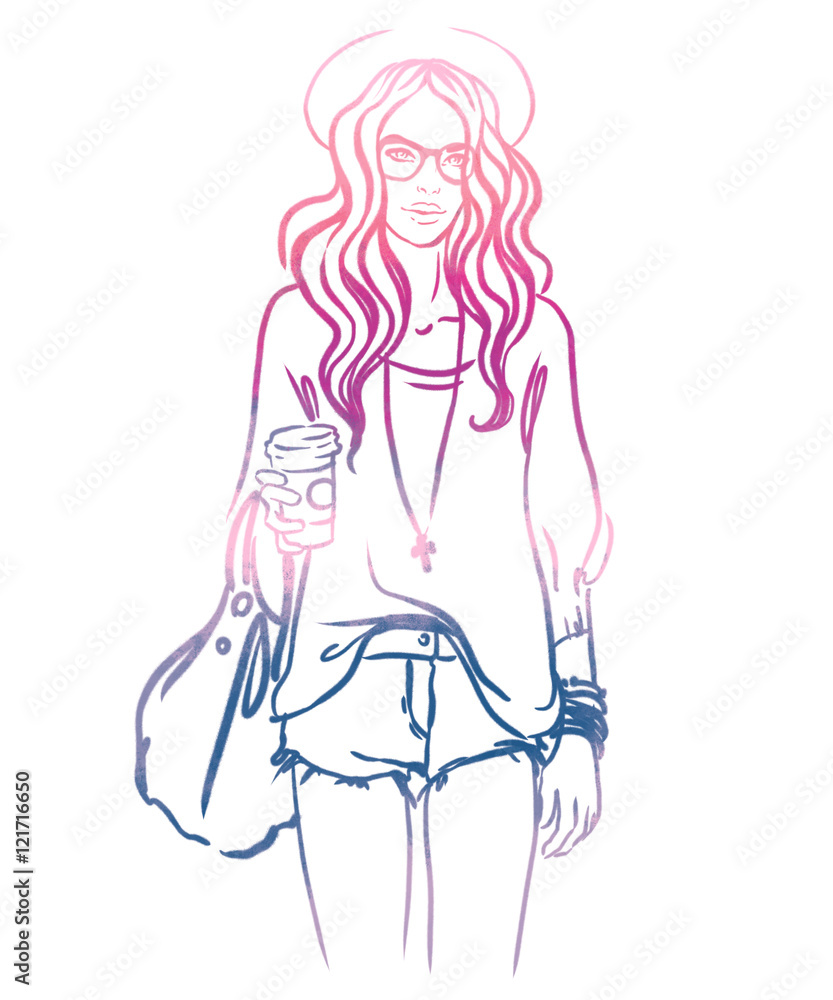 Urban street style: Pretty hipster girl with pink hair holding c