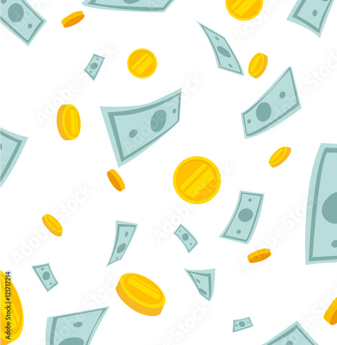 Finance concept. Money rain. Banknotes and coins falling from the sky 10 EPS vector illustration