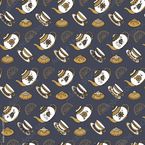 Seamless pattern with different tea, tea cups, lemons and confection