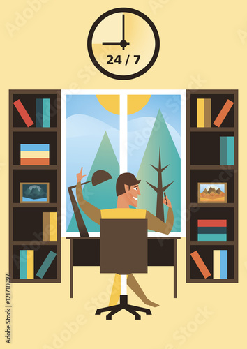 Businessman designer working in the morning, watches inspiration, idea. Vector flat design illustration.