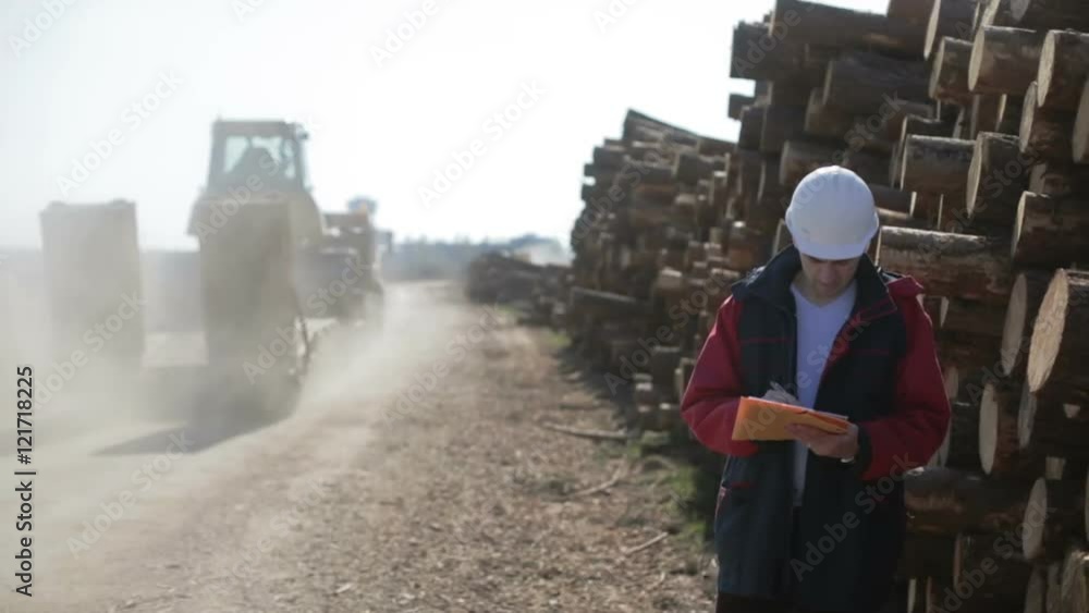 Construction worker in white helmet is standing on the road next to the logs and monitoring freight transport. Construction worker in white helmet is standing on the road next to the logs and monitoring freight transport.