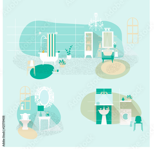 Bathroom interior vector set.