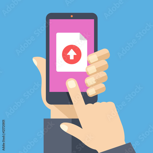 File upload button on smartphone screen. Hand holding smartphone, finger touching button. Uploading document concept for web banners, web sites, infographics. Creative flat design vector illustration