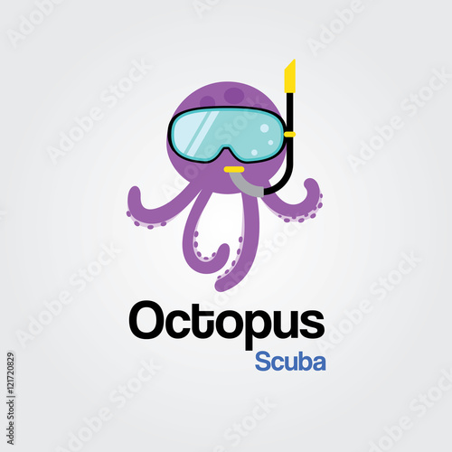Octopus Scuba Logo Template. Octopus wearing scuba diving mask in flat design for Diving and Snorkeling equipment shop, diving School.