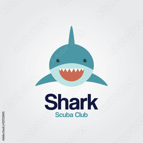 Shark logo template. A cute shark front face in flat design for Diving and Snorkeling equipment shop, diving School or scuba club.