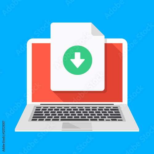 Laptop and download file icon. Document downloading concept. Trendy flat design graphic with long shadow. Vector illustration photo