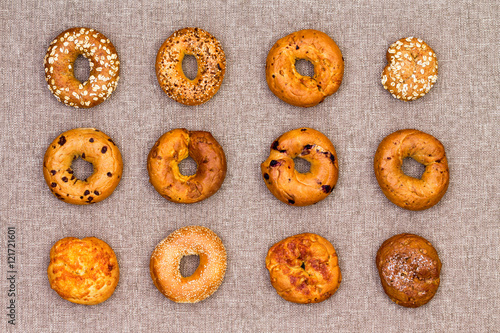 12 different speciality bagels displayed on cotton