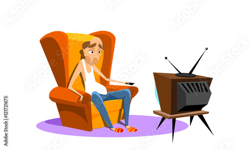 man sitting on an armchair and watching TV. vector illustration