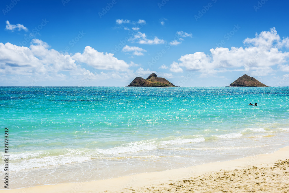 Mokulua Islands as seen from Lanikai Beach in Oahu, Hawaii