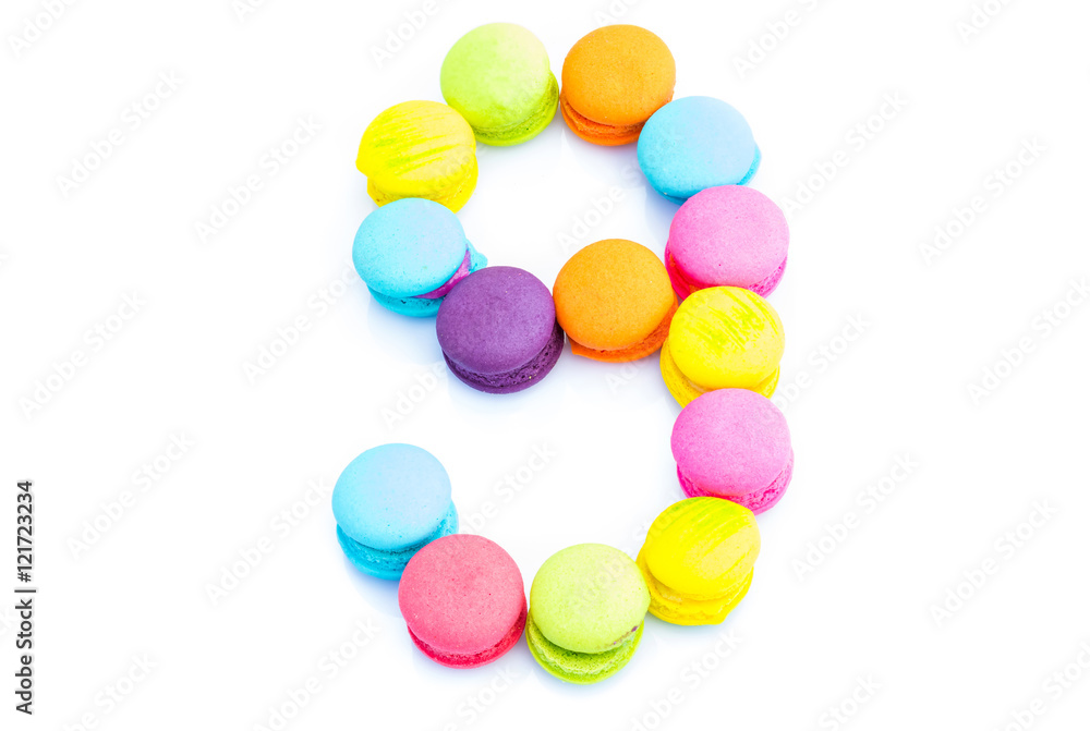 Colorful macarons,number 9 on white background Colorful macarons,number 9 on white background