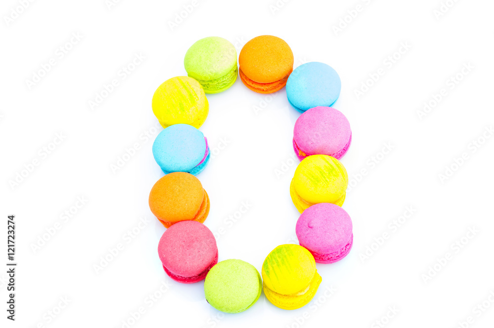 Colorful macarons,number 0 on white background Colorful macarons,number 0 on white background