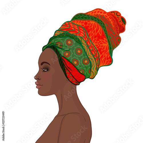 Portrait of beautiful African woman in turban (profile view)