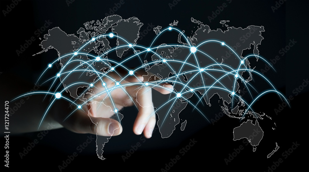 Businessman touching global network and data exchanges 3D render