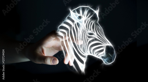 Person touching fractal endangered zebra illustration 3D renderi