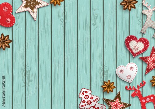Christmas background, small scandinavian styled decorations lying on blue wooden backdrop, illustration