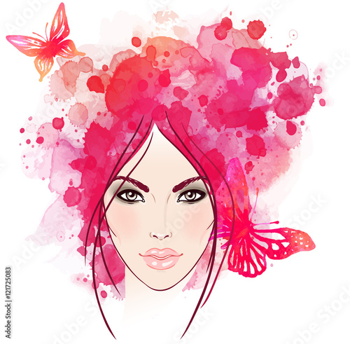 Beautiful girl's face with butterflies in her hair. Watercolor i