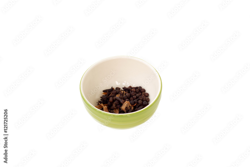 brown seed in ceramic bowl isolated on white background brown seed in ceramic bowl isolated on white background