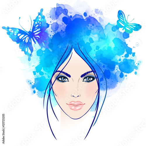 Beautiful girl's face with butterflies in her hair. Watercolor i