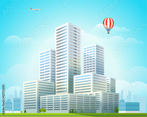 Modern cityscape vector illustration. Office buildings city skys