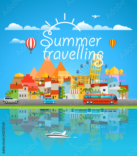 Summer travelling concept. Asia cityscape Vector travel illustra